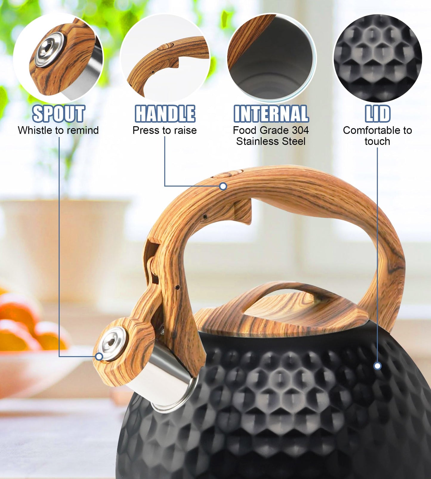 Foedo Tea Kettle Stovetop, 3.2 Qt Stainless Steel Whistling Kettle for Stove Top, Food Grade Teapot with Wood Pattern Handle for Coffee, Milk etc, Gas Electric Applicable (Black)