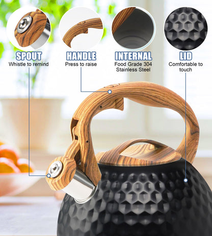Foedo Tea Kettle Stovetop, 3.2 Qt Stainless Steel Whistling Kettle for Stove Top, Food Grade Teapot with Wood Pattern Handle for Coffee, Milk etc, Gas Electric Applicable (Black)