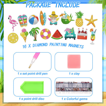 Xuhal 16 Pcs Summer Beach Diamond Painting Fridge Magnets Kit Tropical Hawaiian Diamond Art Magnets for Refrigerator Flamingos Beach DIY Fridge Magnetic Sticker for Adults Crafts Home Decor Gifts