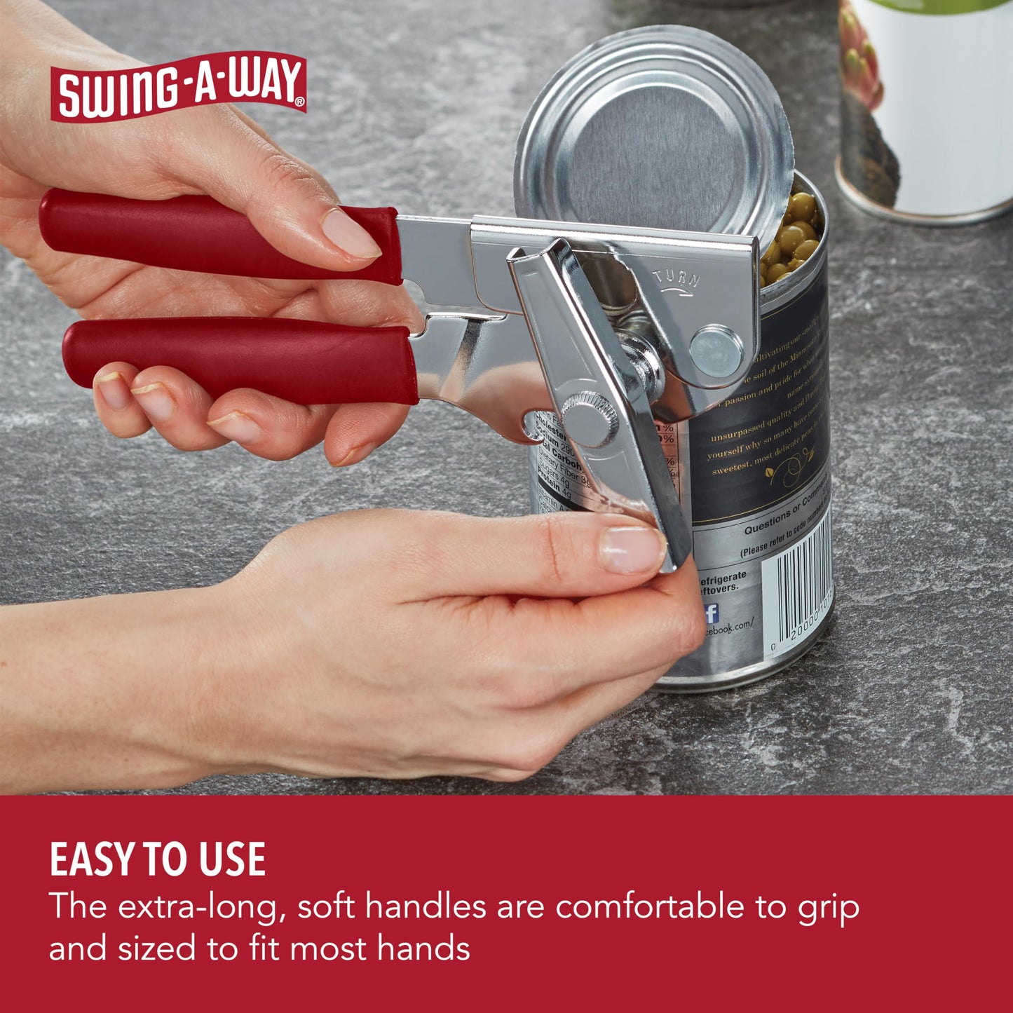 Swing-A-Way Portable Can Opener with Sharp Blade, Manual Hand Held, 2-in-1 Can and Bottle Opener, Made of Steel, Easy Turn Knob, Basic Kitchen Essentials (Red)
