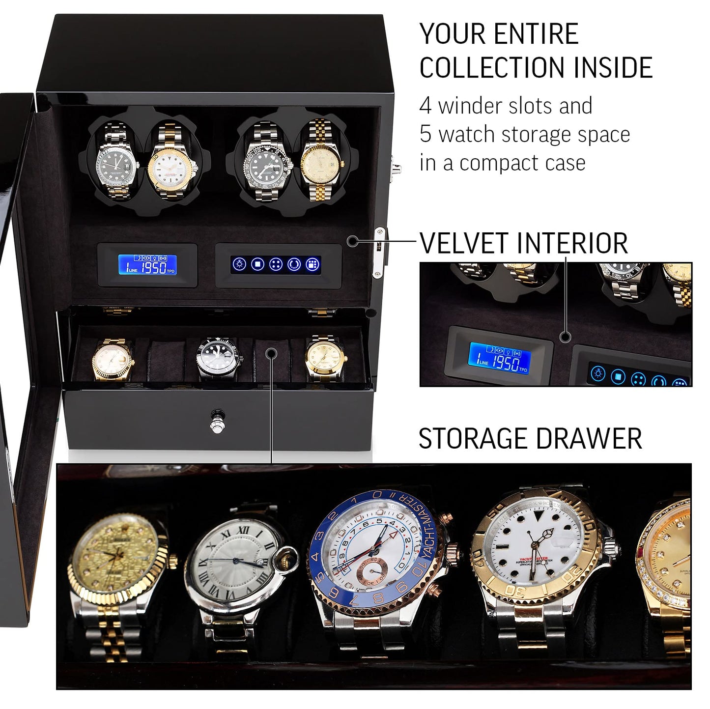 4 Watch Winder with 5 Watch Storage Space, LCD Display, Touch Control and Interior Light (Black + Black)