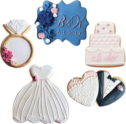 Ann Clark Wedding Cookie Cutters 5-Pc Set Made in the USA - Square Plaque, Wedding Cake, Dress, Diamond Ring, Double