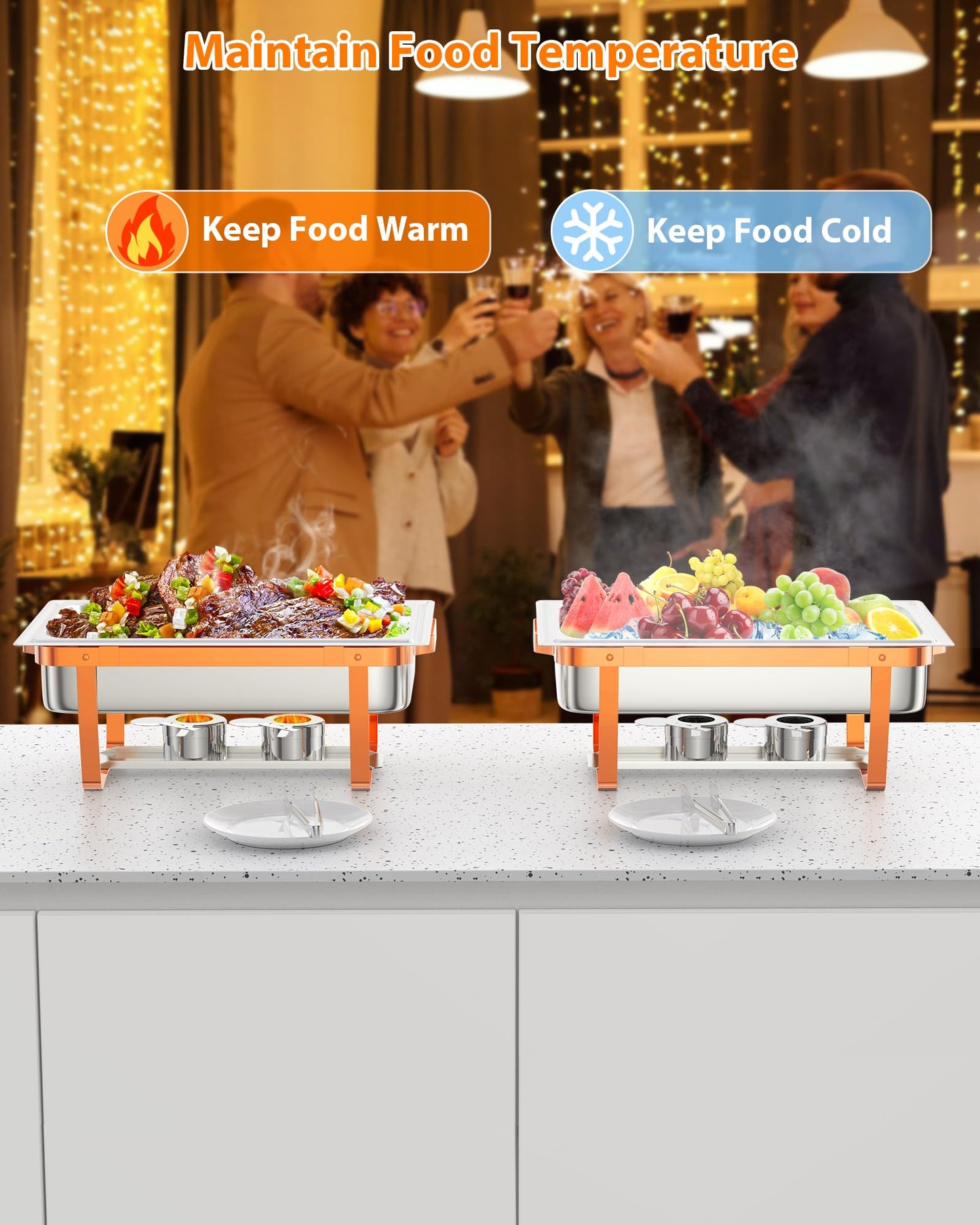 GarveeHome Chafing Dish Buffet Set, 8QT 2 Pack, Rectangle Chafing Dishes for Buffet w/Lid Holder, Stainless Steel Chafer Food Warmers Servers for Kitchen Party Banquet Dining, Rose Gold