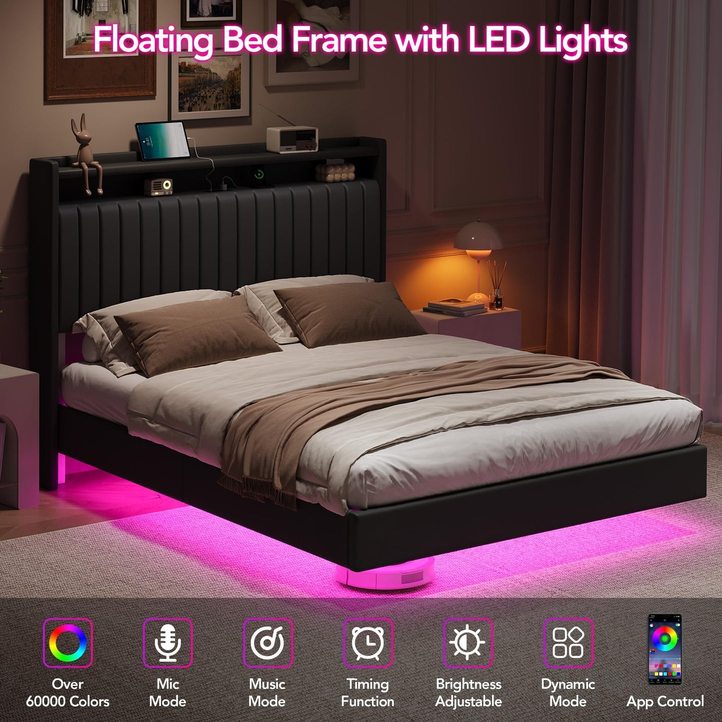 IDEALHOUSE Queen Floating Bed Frame with LED Lights and Storage Headboard, Bed Frame with Modern Minimalist Style for Bedroom/Vacation Home,Silent & No Box Spring Required,Easy to Assemble,Black