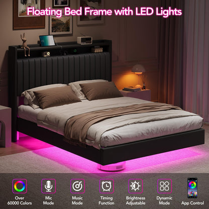 IDEALHOUSE Queen Floating Bed Frame with LED Lights and Storage Headboard, Bed Frame with Modern Minimalist Style for Bedroom/Vacation Home,Silent & No Box Spring Required,Easy to Assemble,Black