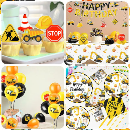 Construction Birthday Decorations,245PCS Construction Birthday Party Supplies-Includes Plates Napkins Cups Banner Balloons Tablecloth and Cake Toppers for Kids TruckTheme Celebration Tableware