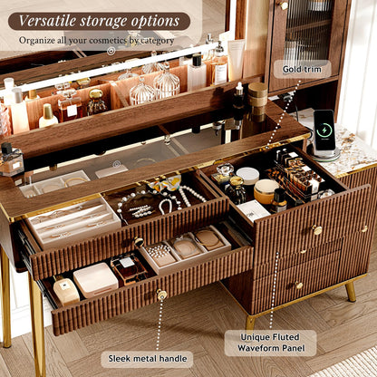 Arulvmrn Vanity Desk with 35.12" HD Lighted Mirror, 46.85" Big Modern Vanity Desk with Mirror and Lights, Makeup Vanity with 7 Drawers and Storage Shelves and Charging Station, Walnut