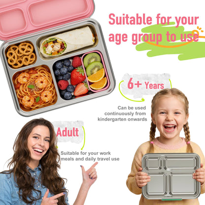 BABHAMNESS Stainless Steel Kids Bento Lunch Box, 4-Compartments with Silicone Container, Dishwasher-Safe, Child-Friendly Design for School and Travel,BPA-Free(Pink)