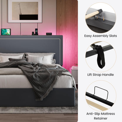 SHA CERLIN Queen Size Hydraulic Lift-Up Storage Platform Bed Frame with Charging Station, RGB LED Lights, Adjustable Velvet Headboard, USB-A and USB-C Ports, No Box Spring Needed, Grey