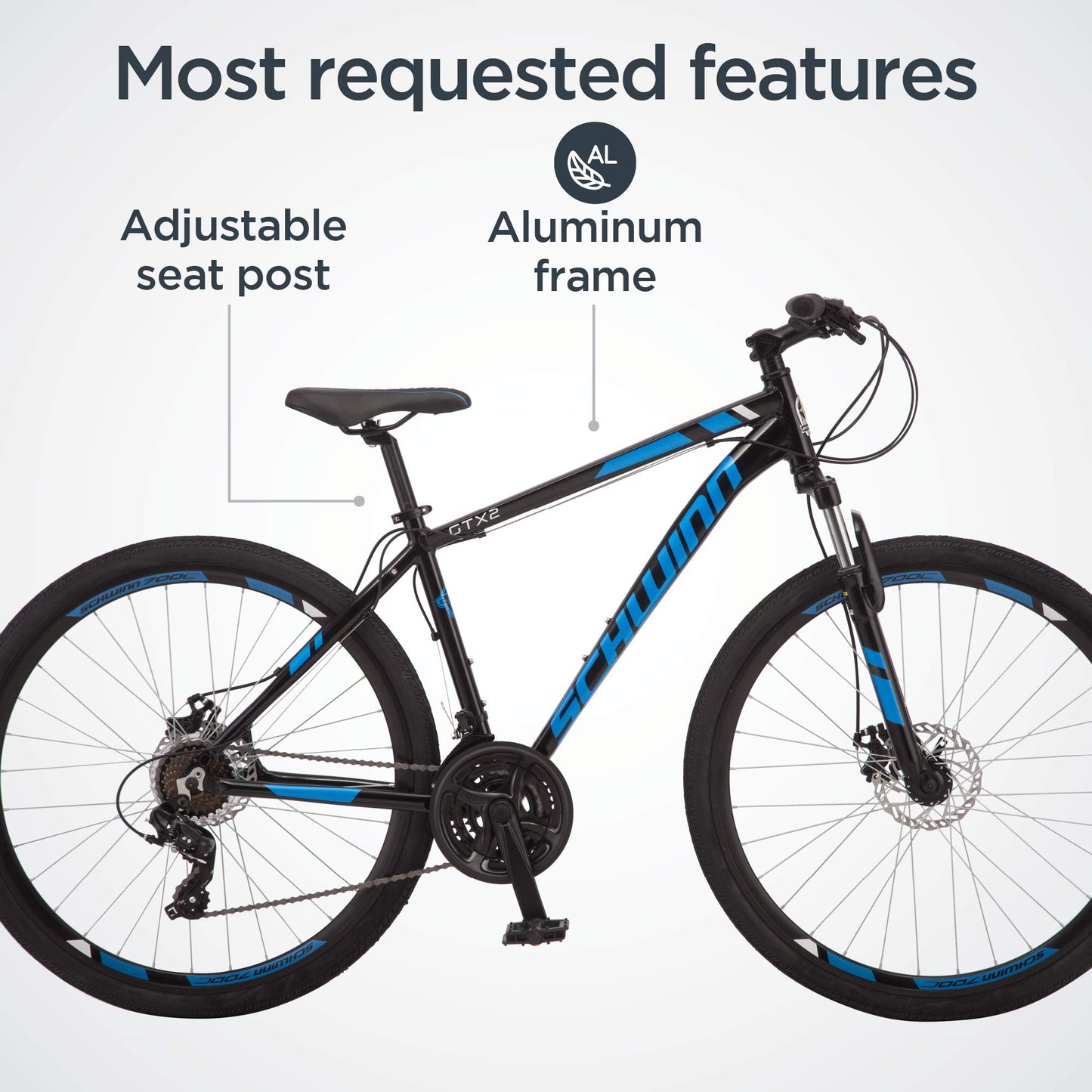 Schwinn GTX 2 Hybrid Bike, 700c Mens and Womens Bike, 21-Speed Hybrid Bicycle, Aluminum Dual-Sport Frame, Suspension Fork, Mechanical Disc Brakes, Adult Bicycle