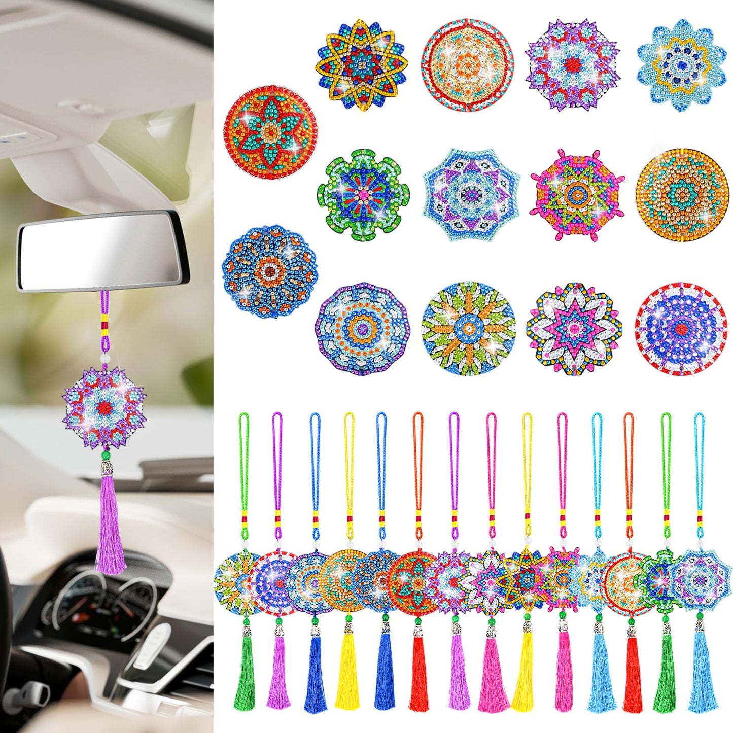 LINGFANG 14 Pcs Diamond Painting Hanging Ornaments, Double Sided Diamond Car Ornament Wind Chimes, Diamond Art Suncatcher Crystal Gem Home Decoration Paint 5D DIY Kits for Adults (Mandala)