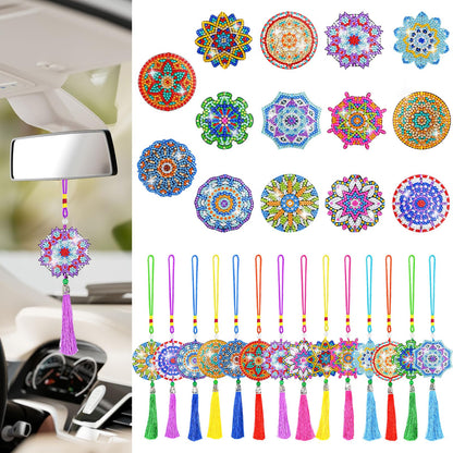 LINGFANG 14 Pcs Diamond Painting Hanging Ornaments, Double Sided Diamond Car Ornament Wind Chimes, Diamond Art Suncatcher Crystal Gem Home Decoration Paint 5D DIY Kits for Adults (Mandala)