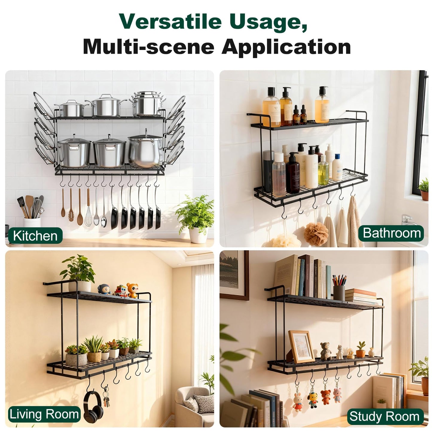 Housolution Pot Rack Wall Mounted, 22''-30'' Length Expandable, 3 Level Height Adjustable, 2 Tier Heavy Duty Hanging Cookware Pan Organizer with 12 Hooks and 8 Lid Holders