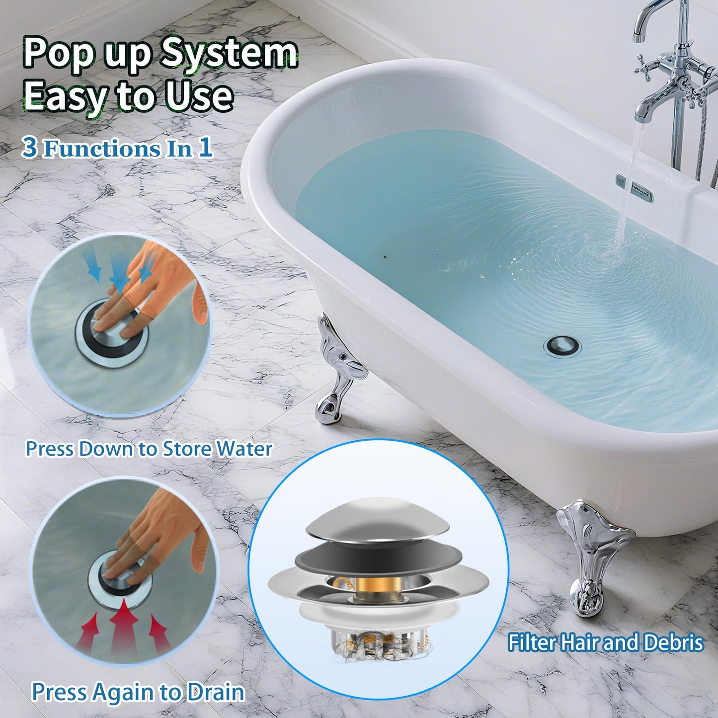 Universal 3 in 1 Bathtub Drain Stopper, Pop up Tub Stopper Bathtub Drain with Filter Basket, Anti-Clogging Bath Tub Drain Stoppers Fit 1.45-1.8” Hole,Bathtub Drain Hair Catcher