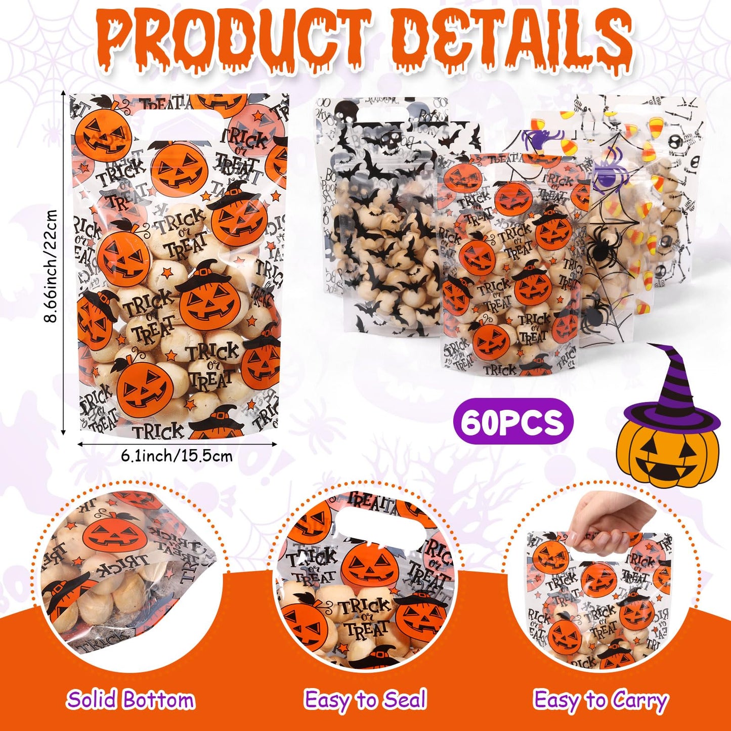 Resholder 60 Pcs Halloween Sealing Gift Bags Plastic Halloween Candy Goodie Bags with Handle Trick or Treat Party Favor Handbags for Spooky Birthday Party Supplies