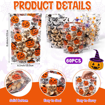 Resholder 60 Pcs Halloween Sealing Gift Bags Plastic Halloween Candy Goodie Bags with Handle Trick or Treat Party Favor Handbags for Spooky Birthday Party Supplies