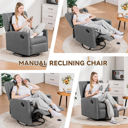 COMHOMA Nursery Rocking Chair Fabric Upholstered Swivel Rocker Recliner Manual Glider Reclining Chair for Living Room Bedroom Offices (Dark Grey)