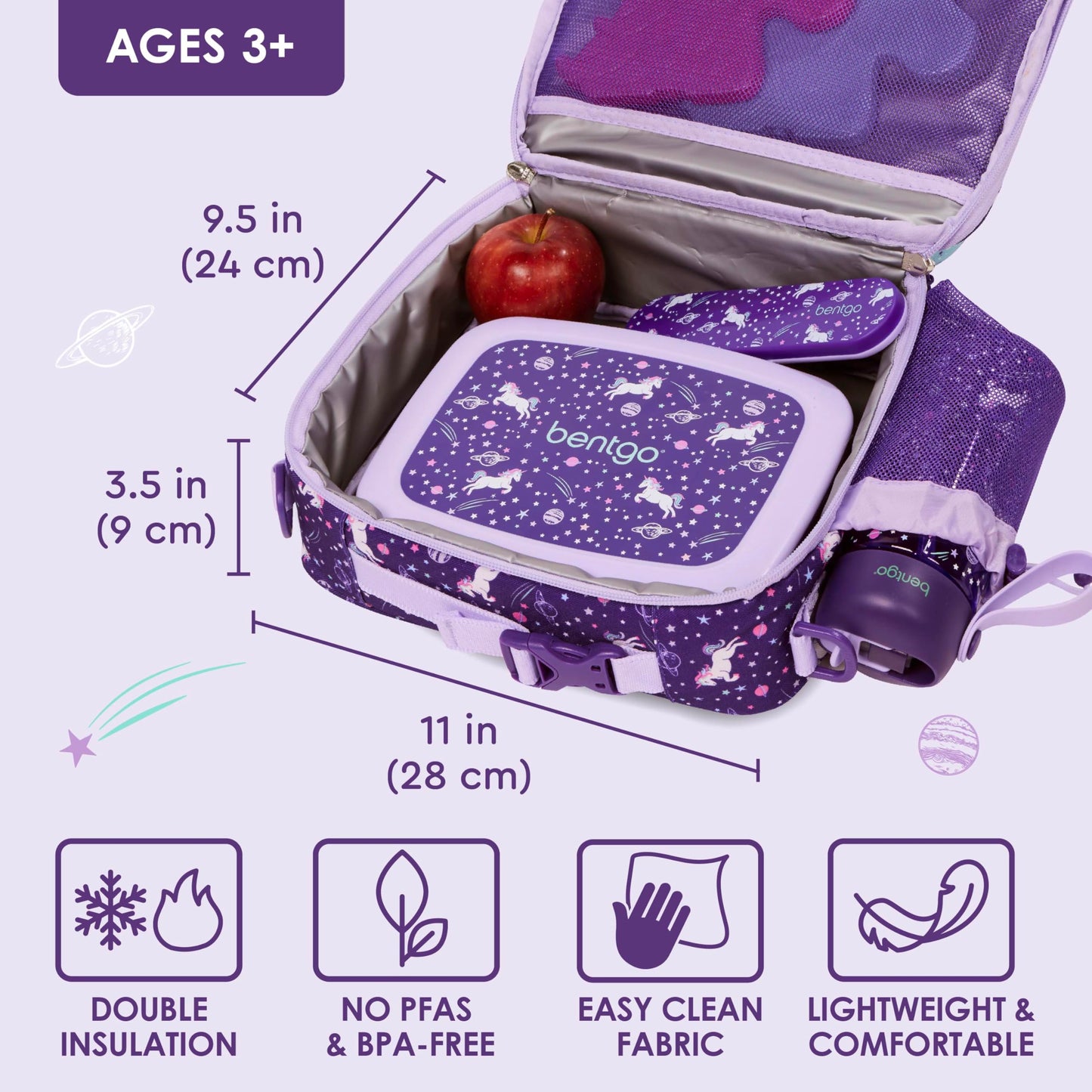 Bentgo Kids Lunch Bag - Durable, Double-Insulated Lunch Bag for Kids 3+; Holds Lunch Box, Water Bottle, & Snacks; Easy-Clean Water-Resistant Fabric & Multiple Zippered Pockets (Unicorn)