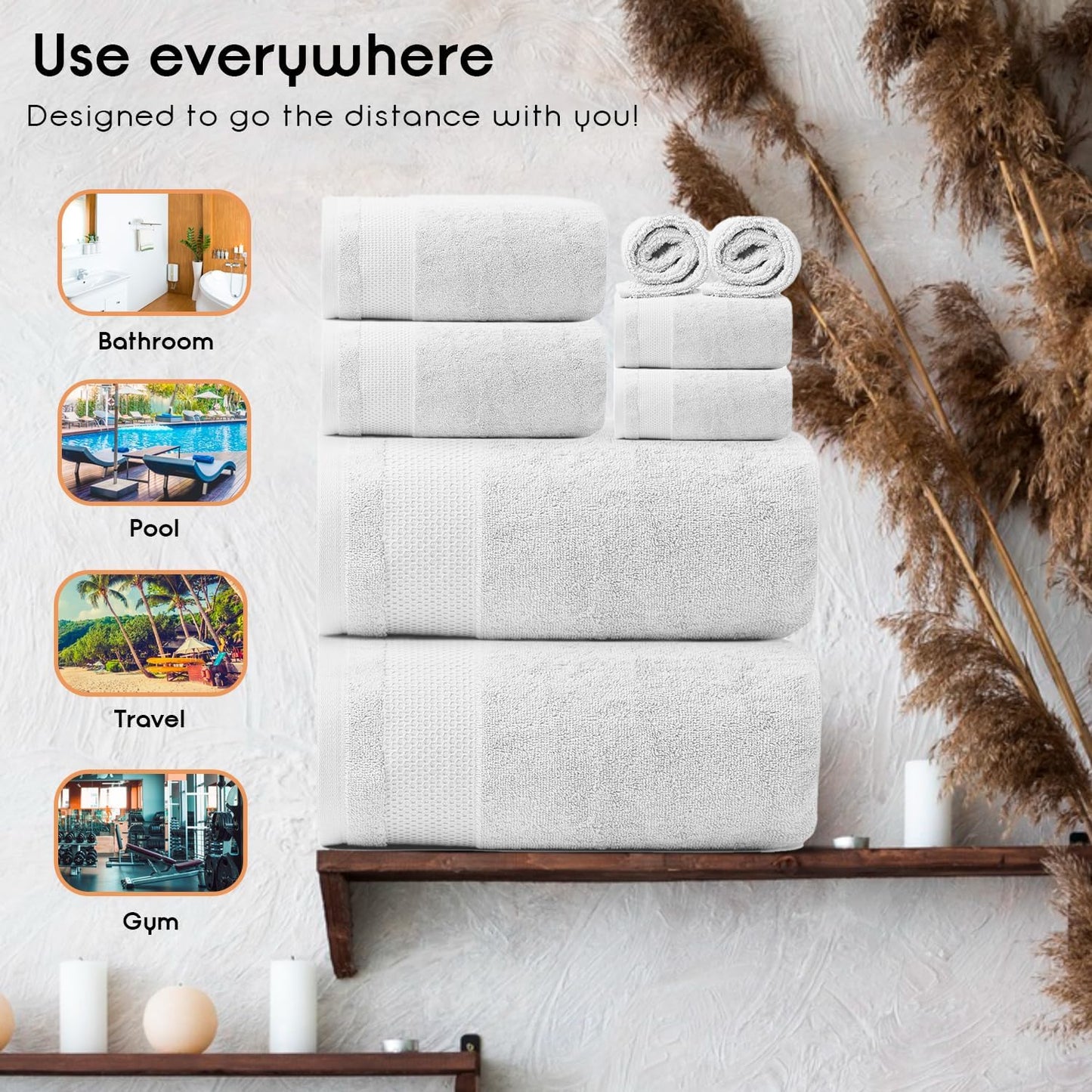 Ariv 8-Piece Towel Set, 2 Ply Ultra Luxury, 100% Combed Cotton, Large Towels for Home, Hotel, Gym, Spa - White