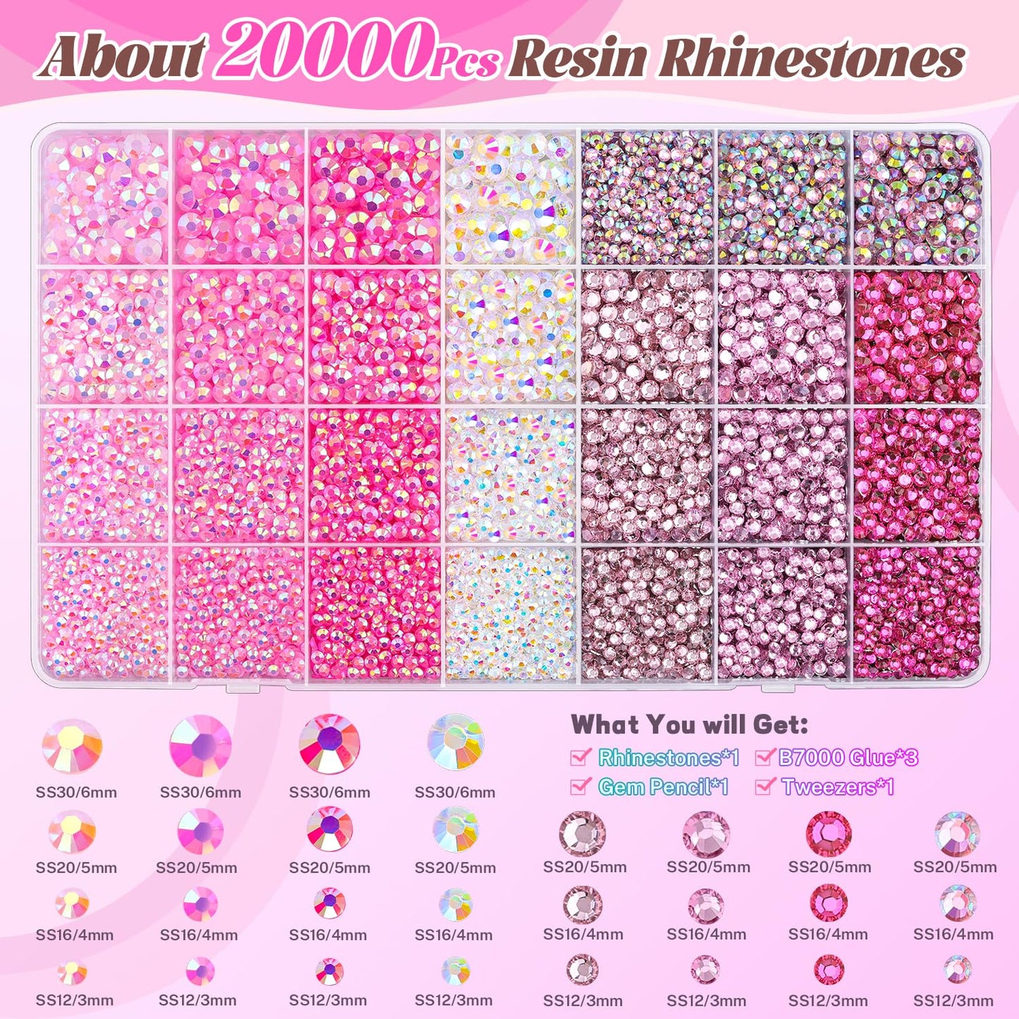 20000Pcs Pink Rhinestones for Bedazzling Kit with 3Pcs B7000 Jewelry Glue, Resin Rhinestones for Crafting Crafts，Bedazzler Kit Flatback Gems for Clothing Shoes Tumblers Nail Art