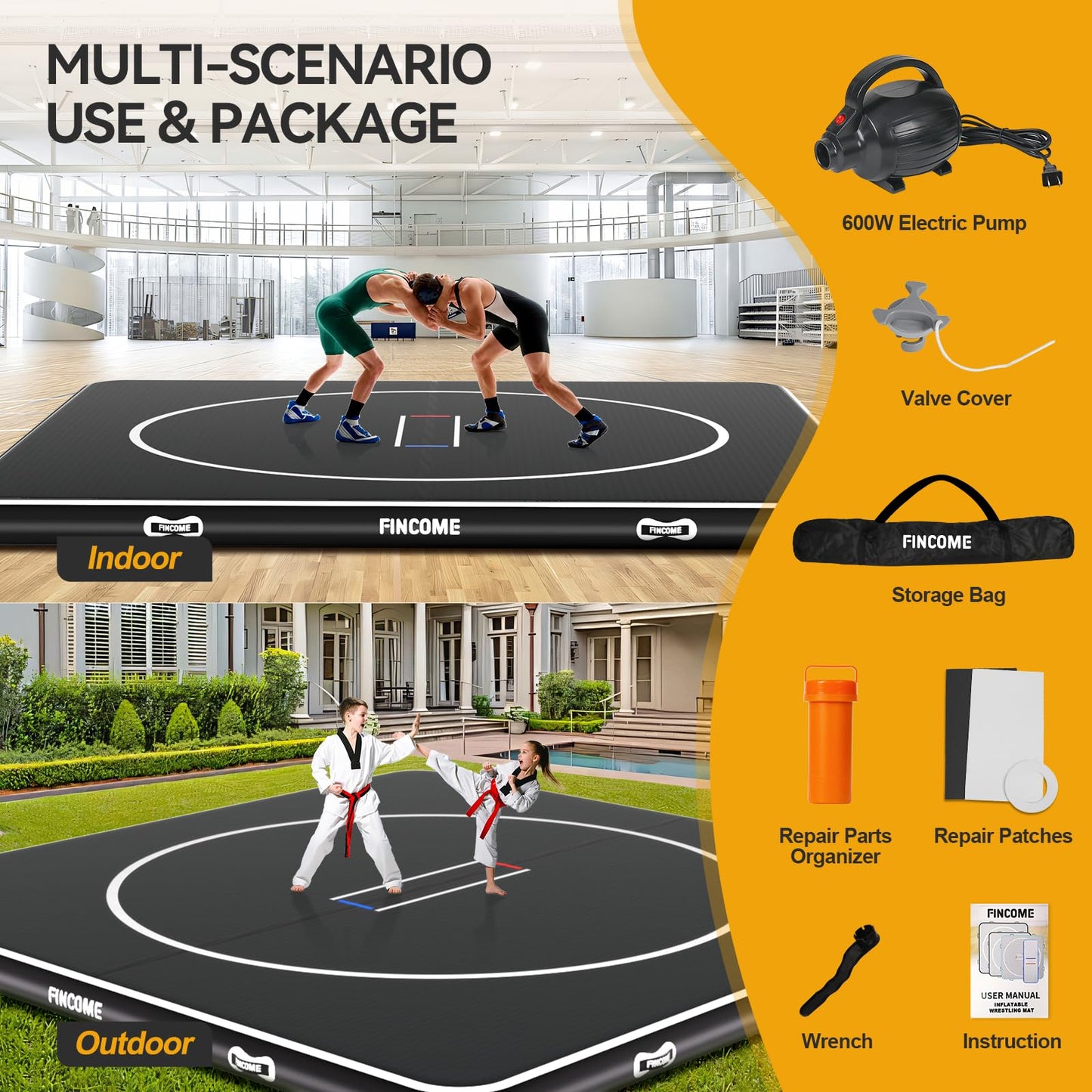 FINCOME Inflatable Wrestling Mat 16ft/13ft/10ft, 4" Thick Foldable Jiu Jitsu Mats Wrestling Mats for Home Outdoor Indoor, Waterproof PVC Mat for Gymnastics, BJJ, MMA, Grappling, Judo, Boxing, 10ft*10ft*4inch