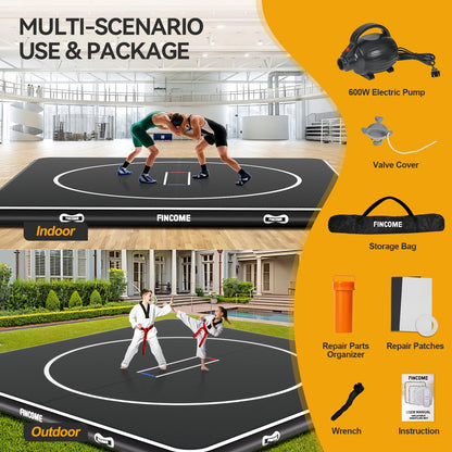 FINCOME Inflatable Wrestling Mat 16ft/13ft/10ft, 4" Thick Foldable Jiu Jitsu Mats Wrestling Mats for Home Outdoor Indoor, Waterproof PVC Mat for Gymnastics, BJJ, MMA, Grappling, Judo, Boxing, 10ft*10ft*4inch