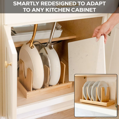 Pot and Pan Organizer for Under Cabinet – Bamboo Pot Lid Organizer for Cabinet with Magnetic Lock, Expandable 2-in-1, Adjustable Dividers, Non-Slip Base for Cutting Boards, Cookie Sheets, Bakeware