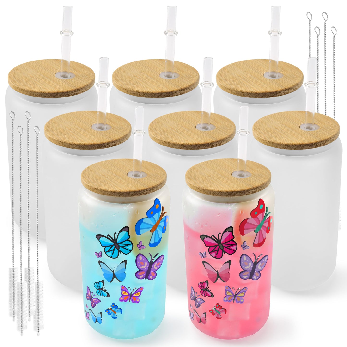 Joyclub 8 Pack Sublimation Blanks Glass Cups with Bamboo Lids and Straws 16 OZ Frosted Glass Beer Cans Mason Jar for Iced Coffee Juice Soda Drinks DIY Gifts
