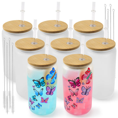 Joyclub 8 Pack Sublimation Blanks Glass Cups with Bamboo Lids and Straws 16 OZ Frosted Glass Beer Cans Mason Jar for Iced Coffee Juice Soda Drinks DIY Gifts