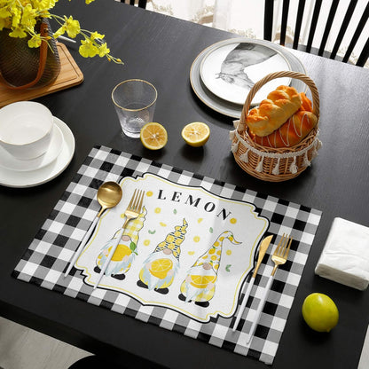 Victories Placemats for Dining Table - Summer Rural Lemon Gnomes Black White Buffalo Plaid, Set of 6