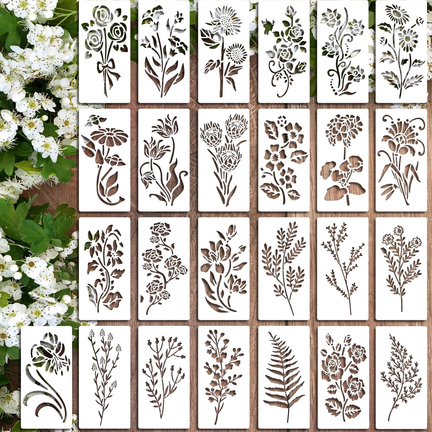 25Pcs Wildflower Stencils Flower Leaf Painting Stencils Botanical Flower Stencils Tiny Vine Leaf Plastic Art Drawing Templates DIY Crafts Plant Stencil for Painting on Wood Wall Door Canvas 3x6inch