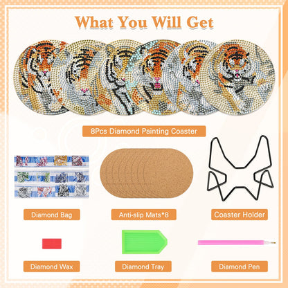 GHHKUD 6pcs Tiger Diamond Painting Coasters, DIY Life Coasters Animals Diamond Art Kits for Adults Kids, Full Drill 5D with Holder Cork Pad for Home