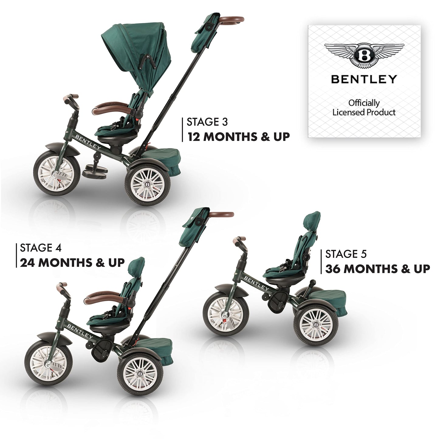 Bentley 6-in-1 Baby Stroller & Toddler Tricycle – Officially Licensed Luxury Kids Bike, Convertible Travel Strollers & Kid Trike with Air Wheels, Canopy & Safety Features (6m-5y+ | Spruce Green)