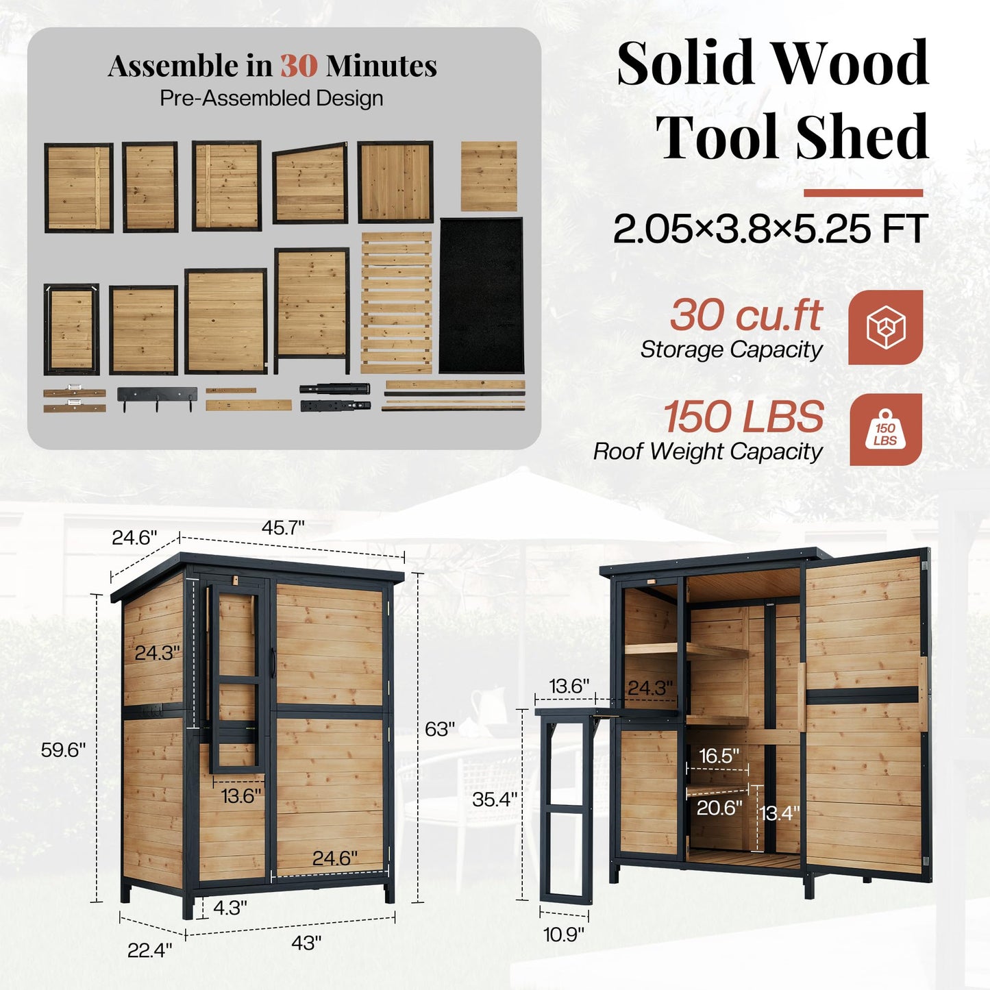 Jocisland Solid Fir Wood Outdoor Storage Shed,Garden Tool Shed with Foldable Workbench, Adjustable Shelves,Sloping Roof,Weatherproof Utility Cabinet for Backyard,Patio&Lawn, Poolside,2.05x3.8x5.25 FT