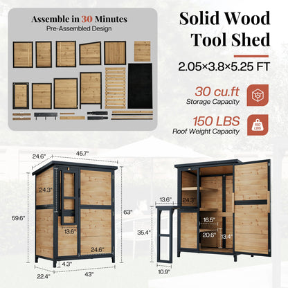 Jocisland Solid Fir Wood Outdoor Storage Shed,Garden Tool Shed with Foldable Workbench, Adjustable Shelves,Sloping Roof,Weatherproof Utility Cabinet for Backyard,Patio&Lawn, Poolside,2.05x3.8x5.25 FT