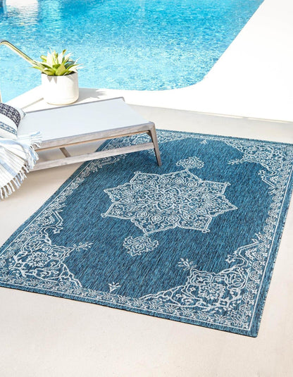 Unique Loom Outdoor Traditional Area Rug - Antique, 2' x 3' 1" Rectangle, Teal/Ivory Collection