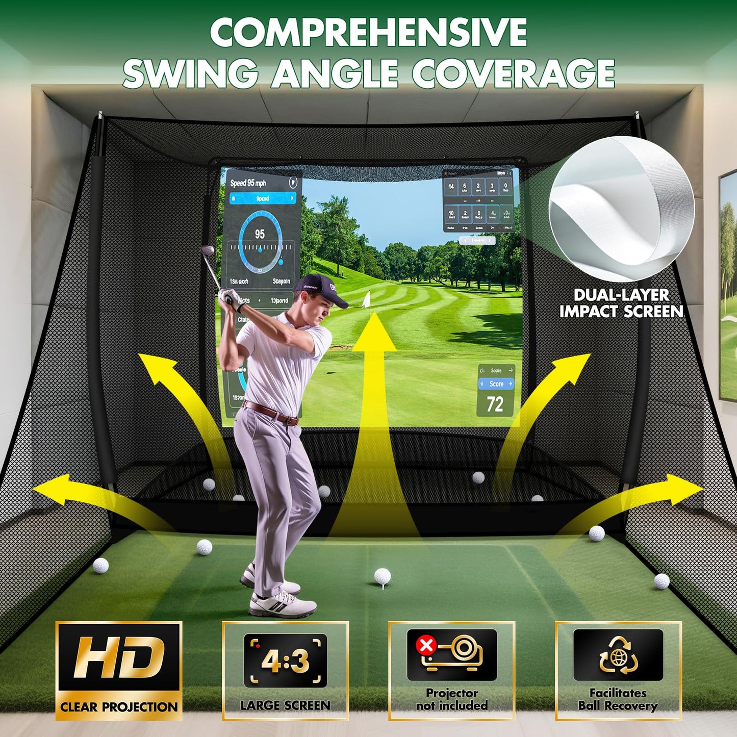 10x8FT Golf Practice Net with 2 Net Side Barriers Outdoor Indoor Golfs Hitting Net with HD Impact Screen Kit for Backyard Home Easy Set up Golf Training for Garage