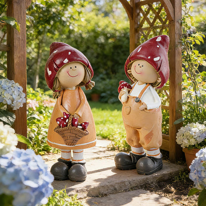 Brizoria 2-Piece Mushroom Decor Fairy Garden Accessories Outdoor Resin Cute Boy and Girl Figurines Whimsical Garden Statues Miniature Fairy Garden Supplies for Patio Yard Lawn Home