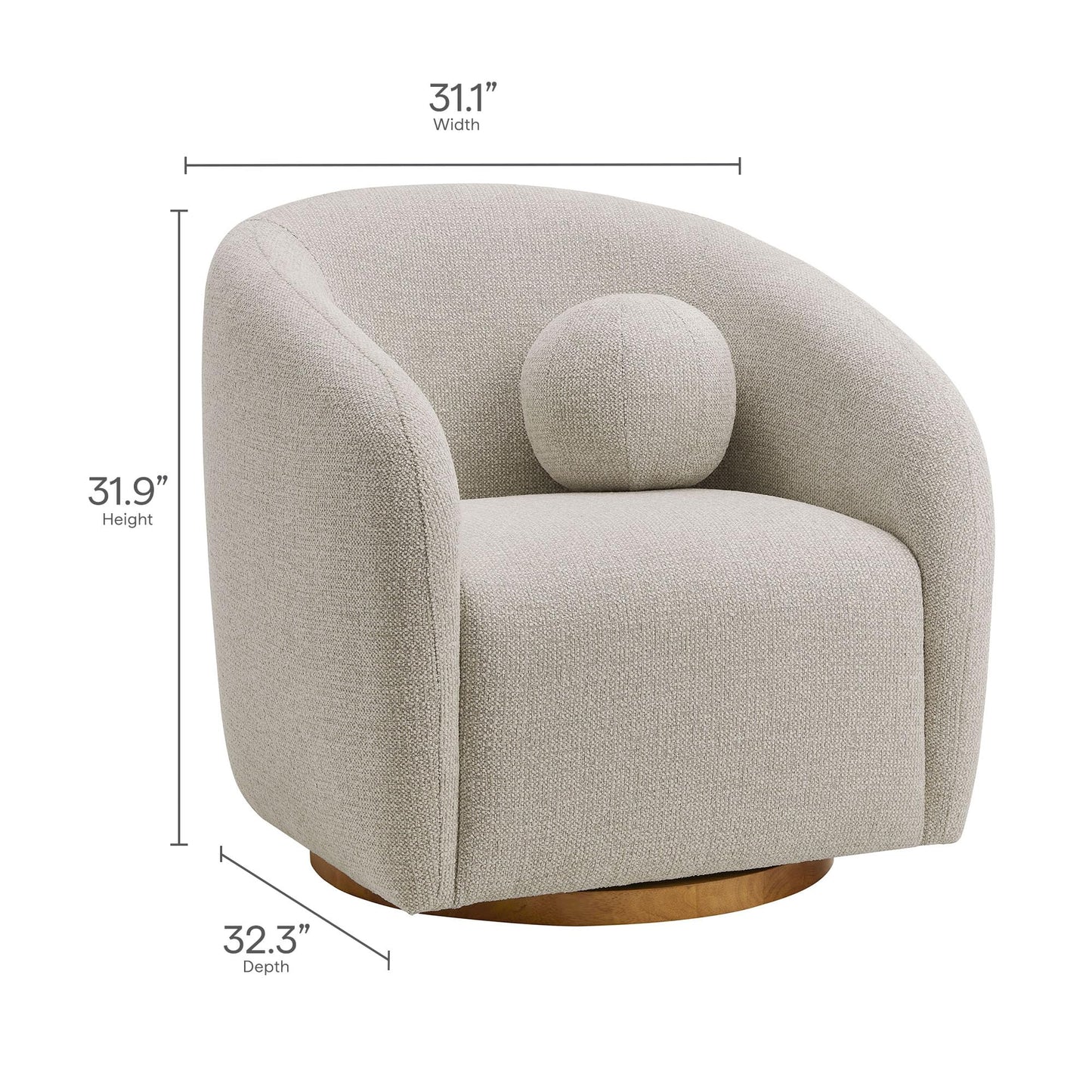 Modway Holland Curved Swivel Armchair in Dove Gray – Chenille Fabric Barrel Chair with Ball Throw Pillow and Wood Base – Mid-Century Modern Curved Living Room Accent Chair