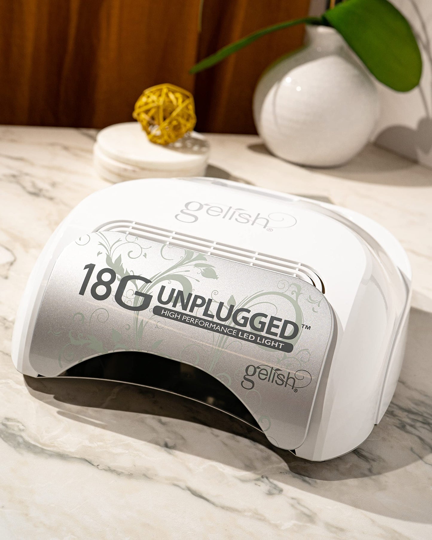 Gelish 18G Unplugged LED Light - Portable, Rechargeable, 36W, White & Silver, Intelligent Power Assist, Motion Sensors, Timer, Magnetic Tray, Ergonomic Design Gel Lamp, Nail Lamp, Gel Nail Light