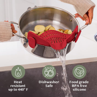 Kitchen Gizmo Snap N' Strain Clip On Strainer for Pots and Pans - Collapsible Silicone Pasta Strainer and Kitchen Gadget for Cooking - Easy to Use, Heat Resistant and Space Saving Colander - Green