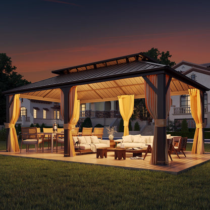 YOLENY 12' X 20' Hardtop Gazebo, Galvanized Steel Ventilation Double Roof Aluminum Frame, Curtains and Netting Included, Outdoor Gazebo for Garden, Patio, Lawns, Parties