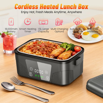 great dachong Heated Lunch Box for Men, 18000mAh Rechargeable Electric Lunch Box Warmer, Portable 6 Cups Food Heater 1.5L, Cordless Lunchbox for Work Office Car