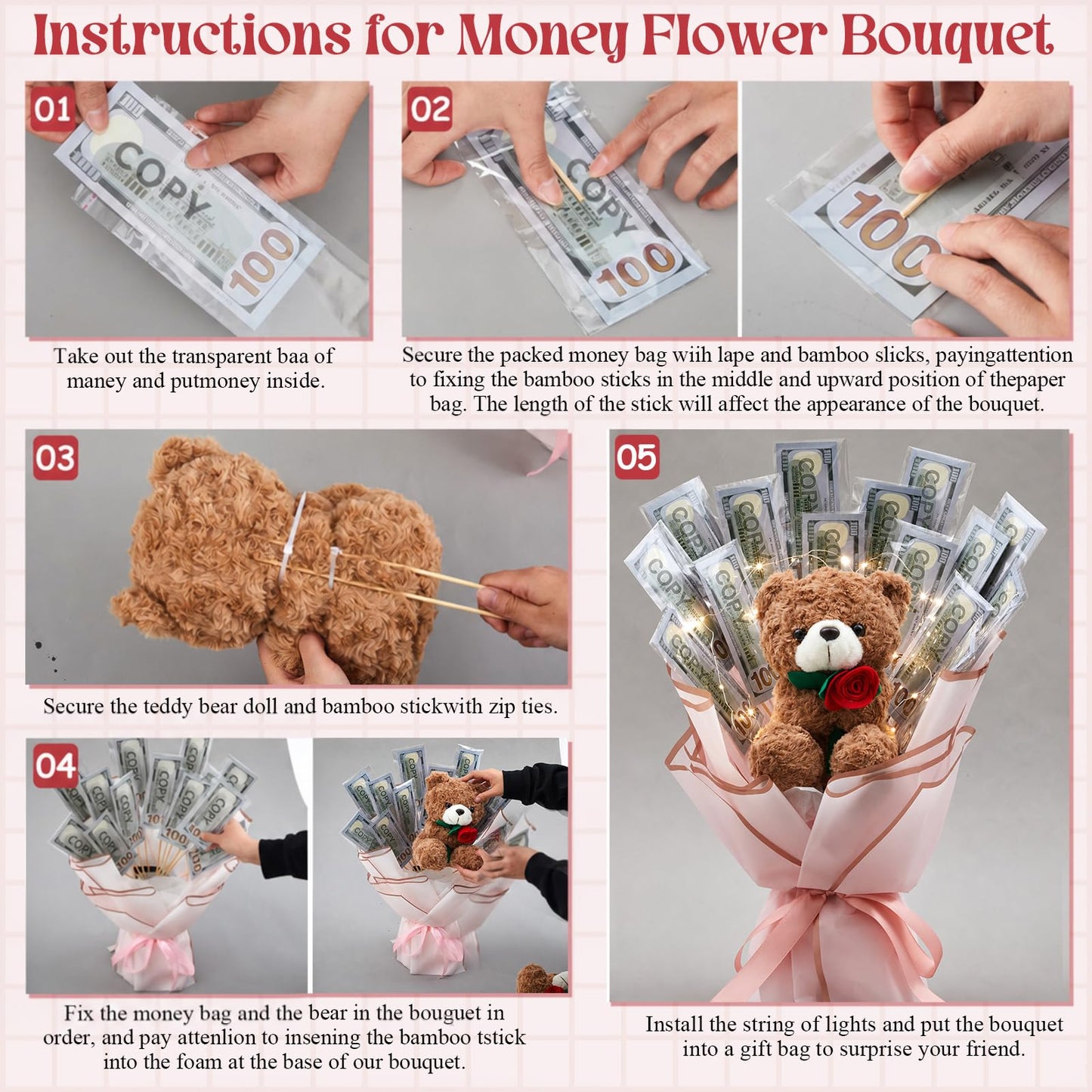 Mimorou DIY Money Bouquet Kit with Teddy Bear, Graduation 2026 Gift, Cash Flower Bouquet Wrapping Set for Birthday, Anniversary Present for Wife Grandma(Floral Bear,Pink Gold)