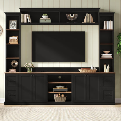 Merax 4-in-1 Wall Unit Entertainment Center with Bookshelf for TVs Up to 70", Farmhouse Large TV Stand with Walnut Adjustable Shelves, Elegant Retro Media Console with Drawers for Living Room, Black