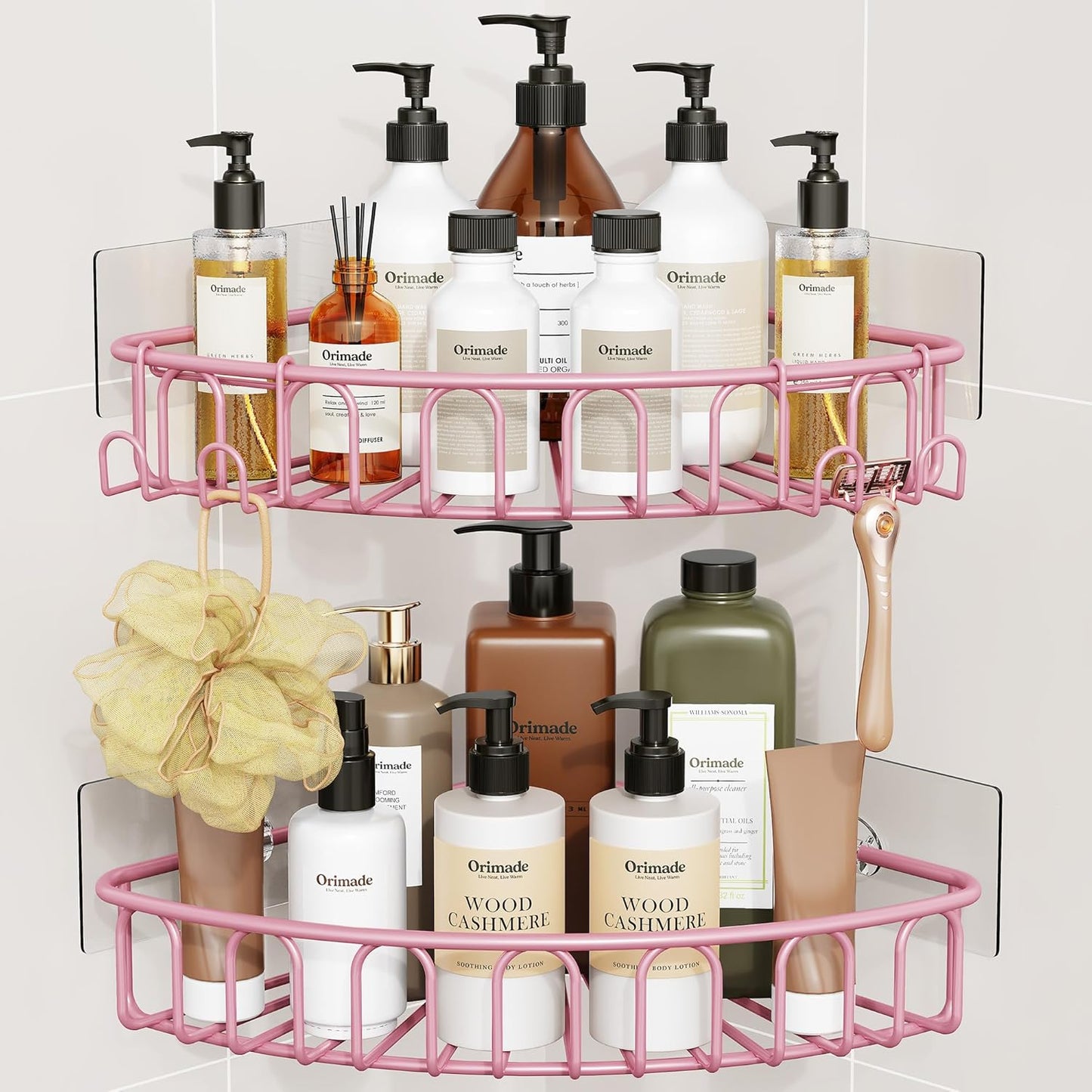 2 2 Pack, 90-Degree Orimade Corner Shower Caddy with Hooks Wall Mounted Metal Bathroom Shelf Storage Organizer Adhesive