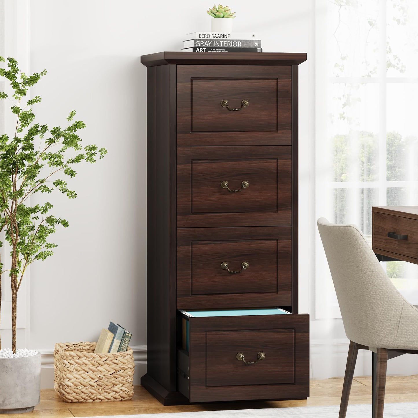 Tribesigns 4-Drawer File Cabinet, Vertical Wood Filing Cabinet for A4/Letter Size, Tall Office Drawer Chest, Rustic Storage Organizer Unit for Home Office, Dark Walnut