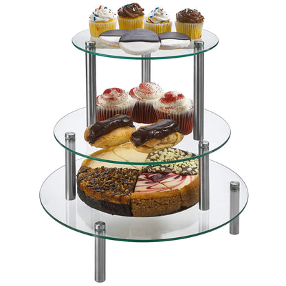 3 Tier Round Tempered Glass Display Stand 9, 11, 13” for Cake, Cupcakes, Desserts, Bakery, Appetizers – Set of 3 Glass Retail Display Raiser. (Clear)