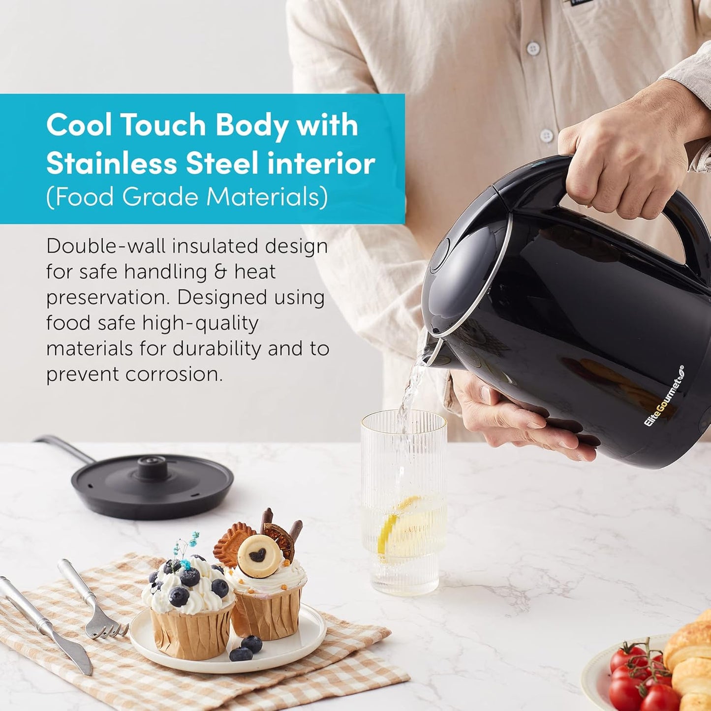 Elite Gourmet EKT1821 1.8L Double Wall Insulated Kettle, 1500W with Stainless Steel Interior, Auto Shut-Off, Black