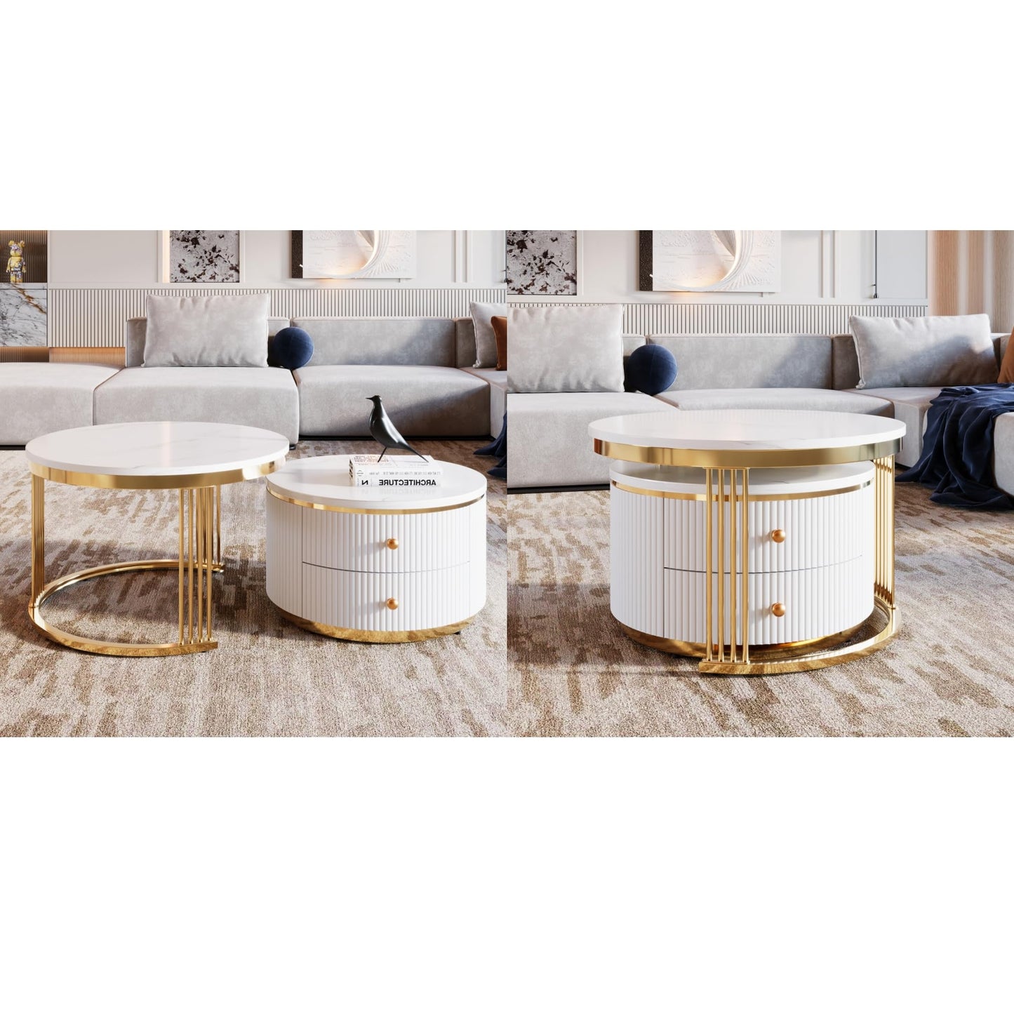 Merax 27.6'' Round Nesting Coffee Table, Modern with 2 Large Drawers Storage, Gold Finish End Tables for Living Room Apartment, Gold+White